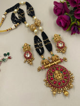 Designer Gold Plated Goddess Lakshmi Temple Necklace Set With Black Beads